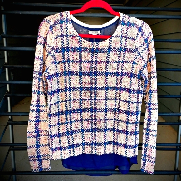 Lucky Brand Sweaters - Lucky Brand Plaid Pullover with Split Back Detail & Chiffon Inset